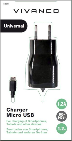 CARGADOR VIVANCO 38344 MICRO USB 1.2A NE 6W/1.2M  