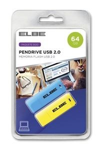MEMORIA USB ELBE 64GB PACK 2 UDS AZUL Y AMARILLO  